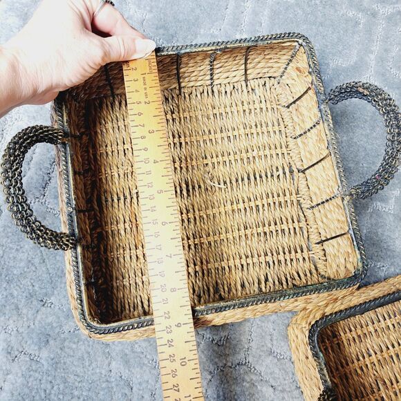 Square Wicker Nesting Baskets LOT OF 2 BLACK METAL HANDLES TRIM rustic cottage - Picture 3 of 11